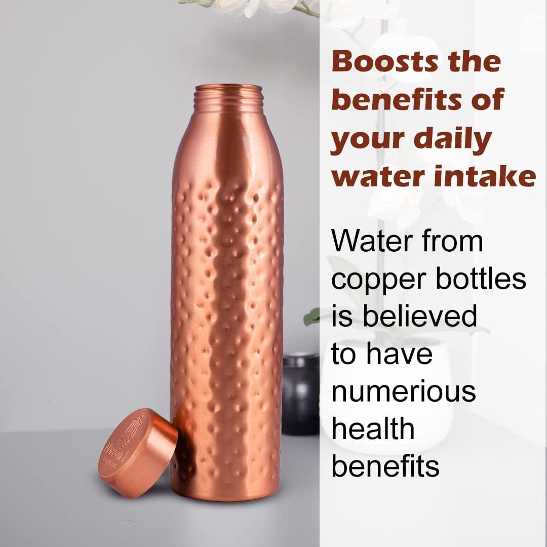 , Copper Water Bottle 1L - Gift Box of 3, Plain 2, Hammered 1, an Ayurvedic Vessel Made of Pure Copper - Helps You Drink More Water with Many Health Benefits