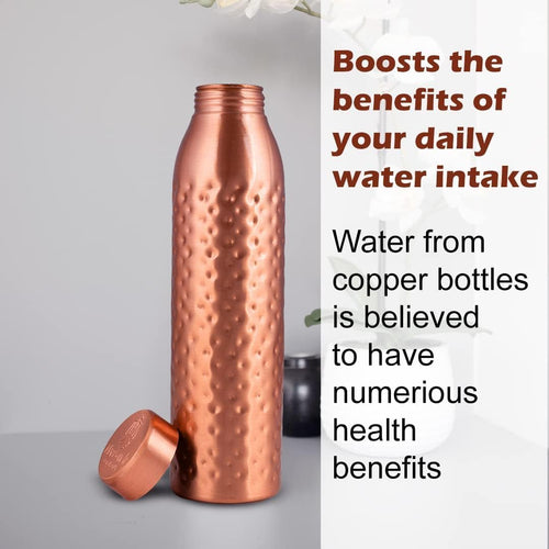 , Copper Water Bottle 1L - Gift Box of 3, Plain 2, Hammered 1, an Ayurvedic Vessel Made of Pure Copper - Helps You Drink More Water with Many Health Benefits