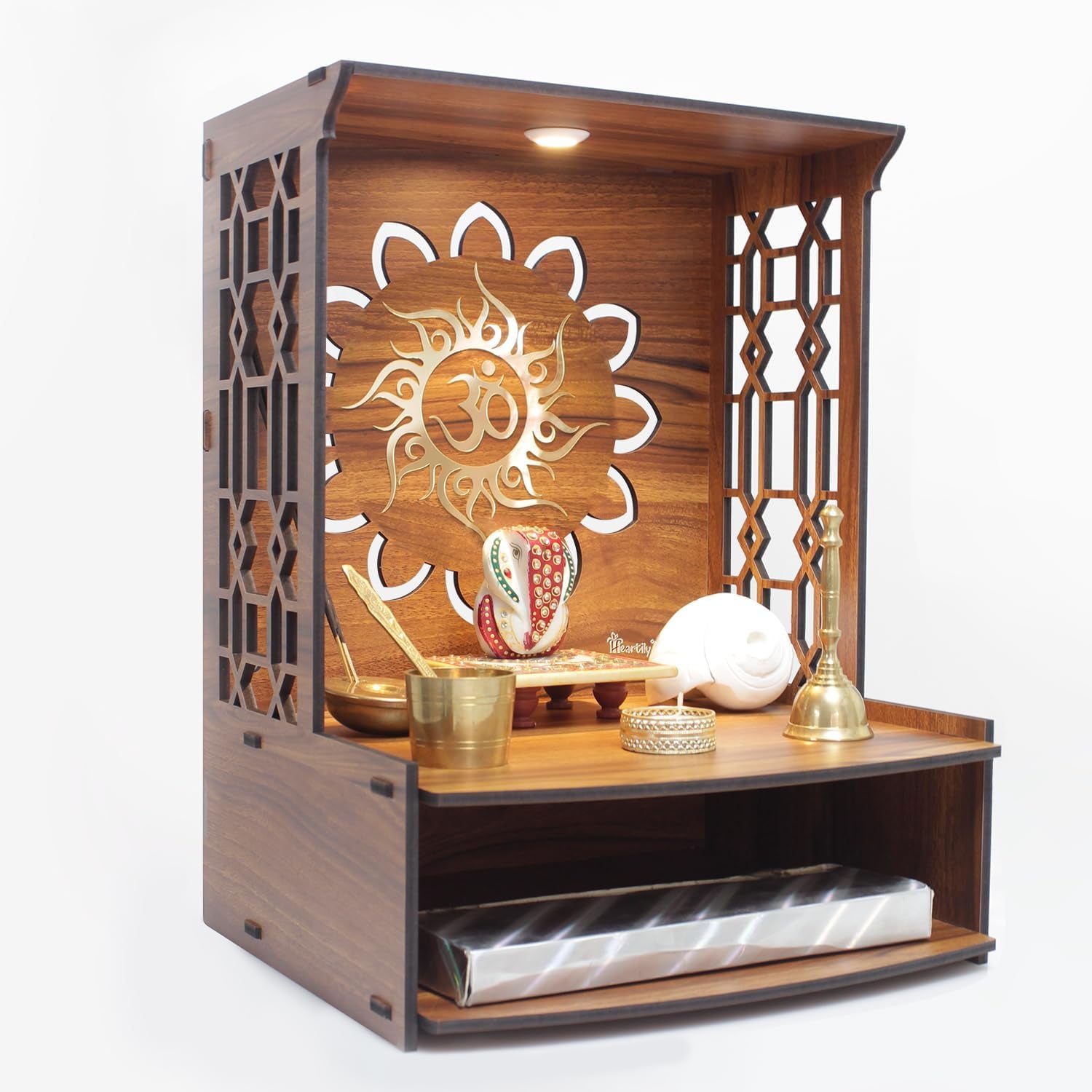 Mangal Beautiful Wooden Pooja Stand for Home Temple and Office Puja Mandir - Wall Mounted with LED Spot Light - Size (H- 15.5, L- 11.5, W-11 Inch)