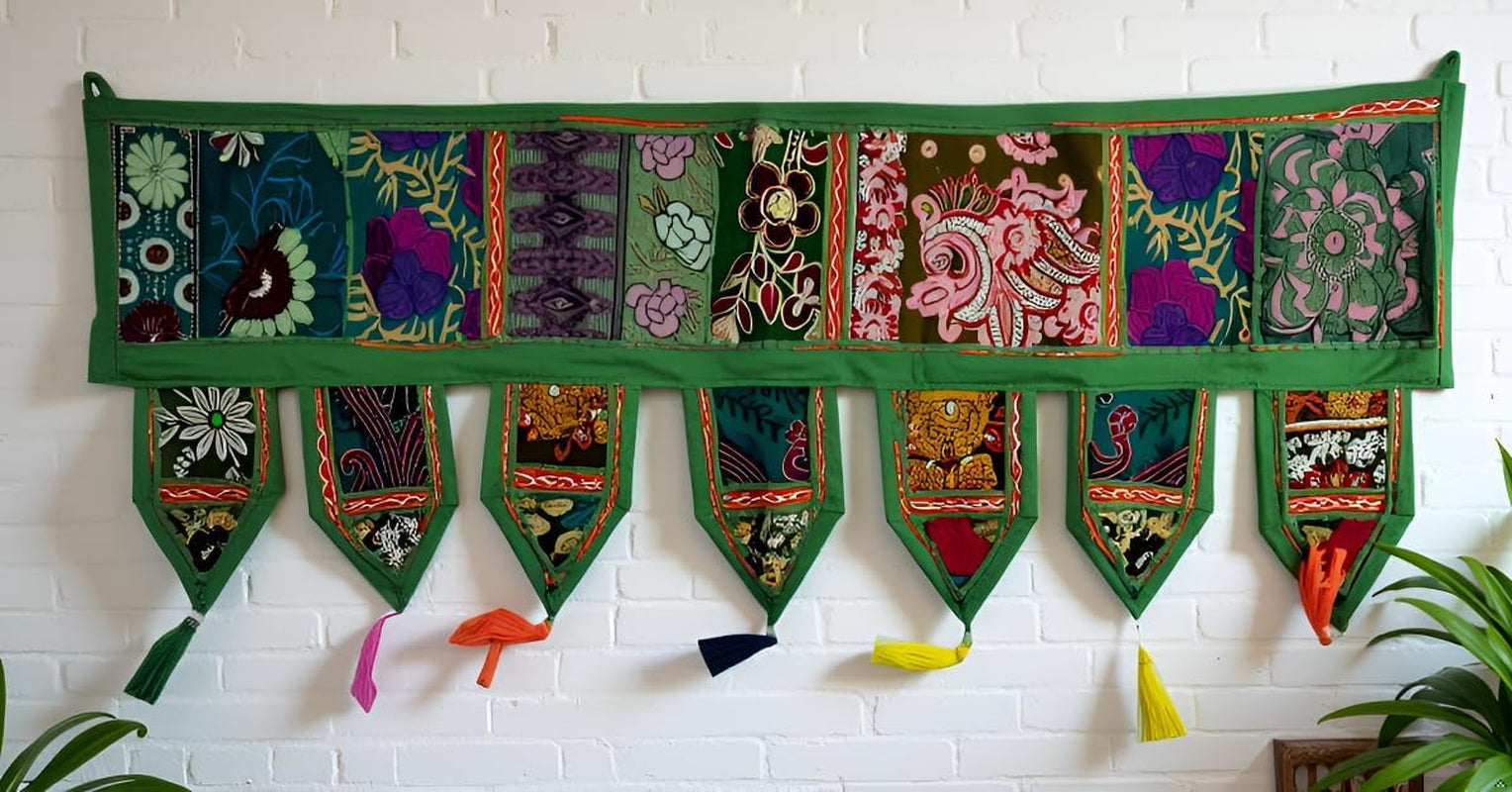 ICC Valances for Windows Toran Cotton Vintage Patchwork Door Hanging Valance Window Hand Embroidered Bohemian Decor Living Room Wall Bedroom Home Handmade Decorations Dark Green 40 Inches