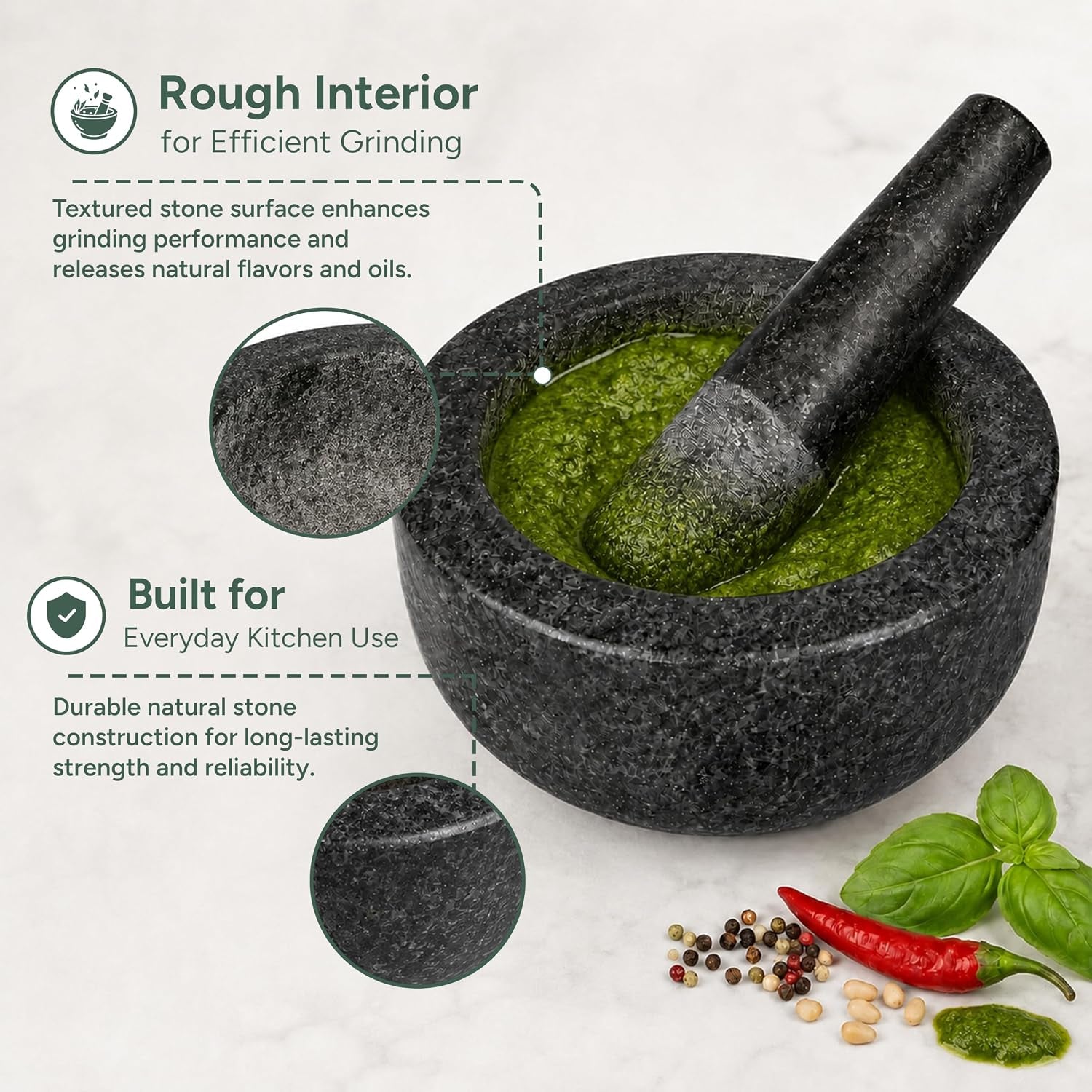 Pestle and Mortar Set – Premium Solid Natural Stone, Essential for Kitchen Essentials & Culinary Creations – Durable and Elegant Design by