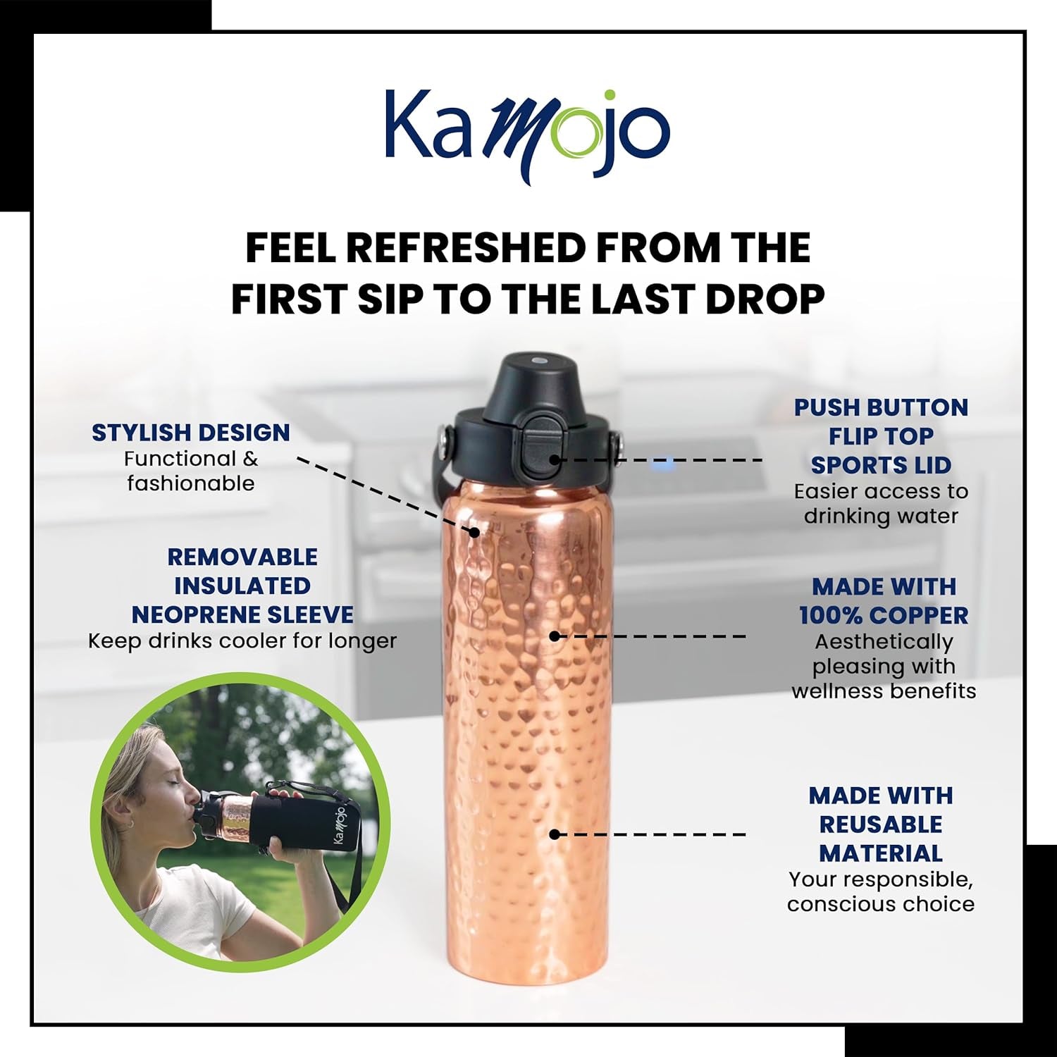 Pure Copper Water Bottle for Drinking Water – 100% Hammered Tumbler with Flip-Top Push Button Lid, Copper Straw & Insulating Sleeve – Handcrafted Ayurvedic Cup 32 Oz