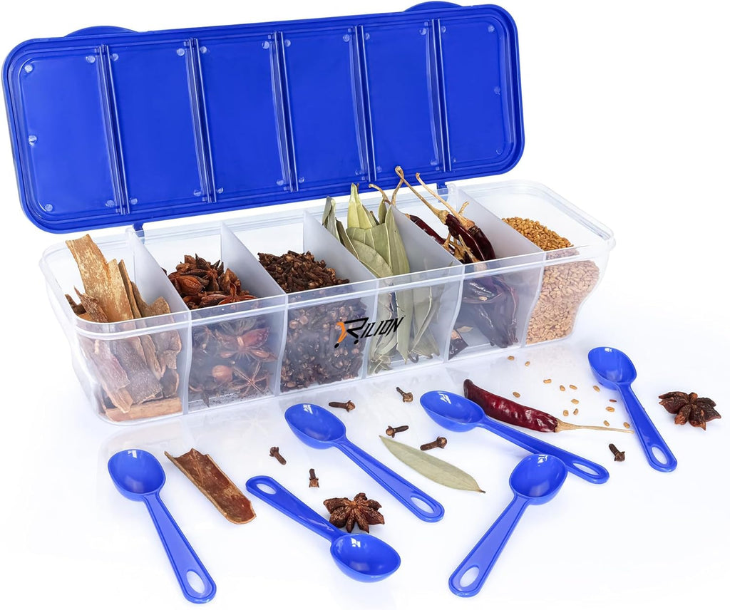 Multipurpose 6-In-1 Masala Box for Kitchen| Airtight Bpa-Free Plastic 6 Section Storage Container with 6 Spoons, 1800 Ml Transparent Pickle Box for Spices| Dry Fruits, Snacks Pack of 1 Blue
