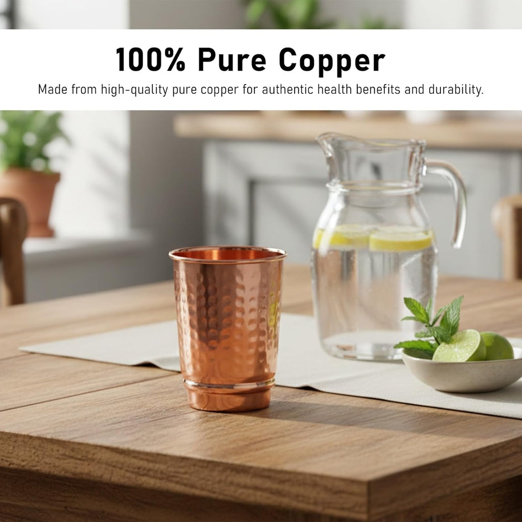 Pure Copper Hammered Drinking Cups - Ayurvedic Health Tumblers – 2 Pcs. Set -LACQUER Free (11.8 US Fl Oz) Traveller'S Copper Cups for Ayurveda Health Benefits (Hammered)