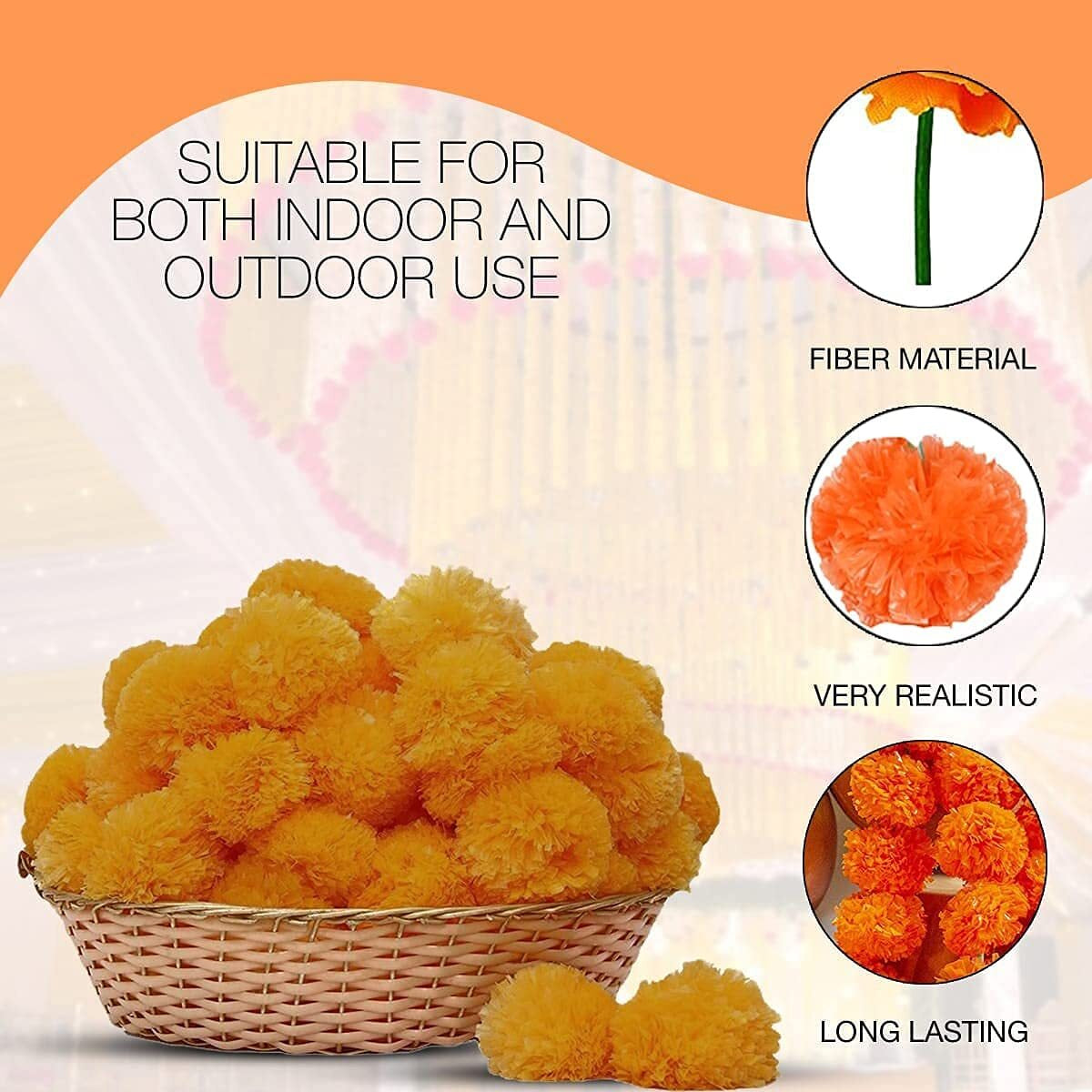 5 Pcs Yellow Dark Orange Marigold Flower Garland for Indian Wedding Decor