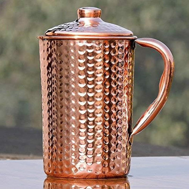 Copper Pitcher with Lid 100% Pure Copper Hammered Water Pitcher 50.7 Oz (1.5 Liter) for Drinking Water, Traditional Copper Pitcher for Home & Kitchen