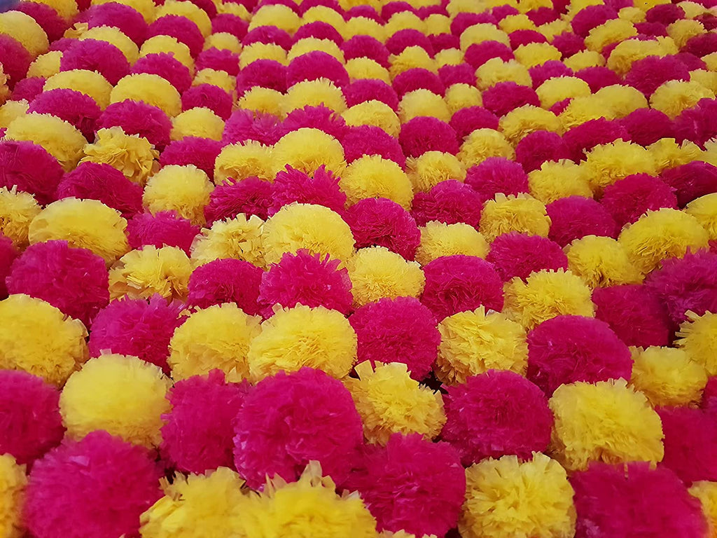 5 Pc Marigold Garland 5 Ft Long Strands of Artificial Marigold Flowers Diwali Decorations Home Indian Décor for Pooja Wedding Spring Bush Floral Faux Garland Día De Muertos Décor (Magenta+Yellow)