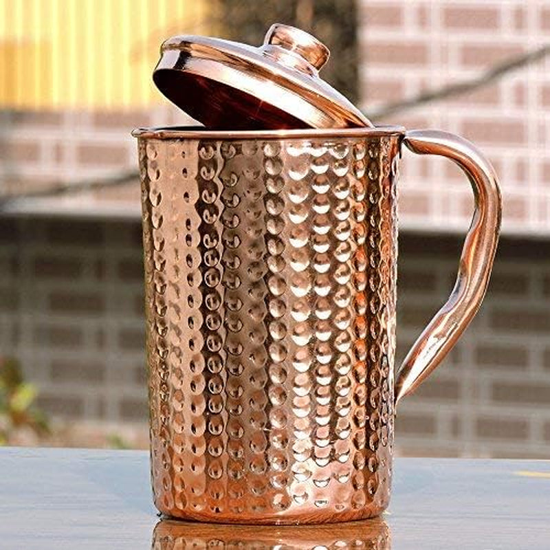 Copper Pitcher with Lid 100% Pure Copper Hammered Water Pitcher 50.7 Oz (1.5 Liter) for Drinking Water, Traditional Copper Pitcher for Home & Kitchen