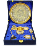 Brass Pooja Thali Set with Grey Gift Box 6 Inch Pital Plate Kalash Spoon Chandan Wati Dhup Dan Kuber Diya Ghanti Puja Arti Thali for Diwali Home Office Mandir Wedding Return Gifts