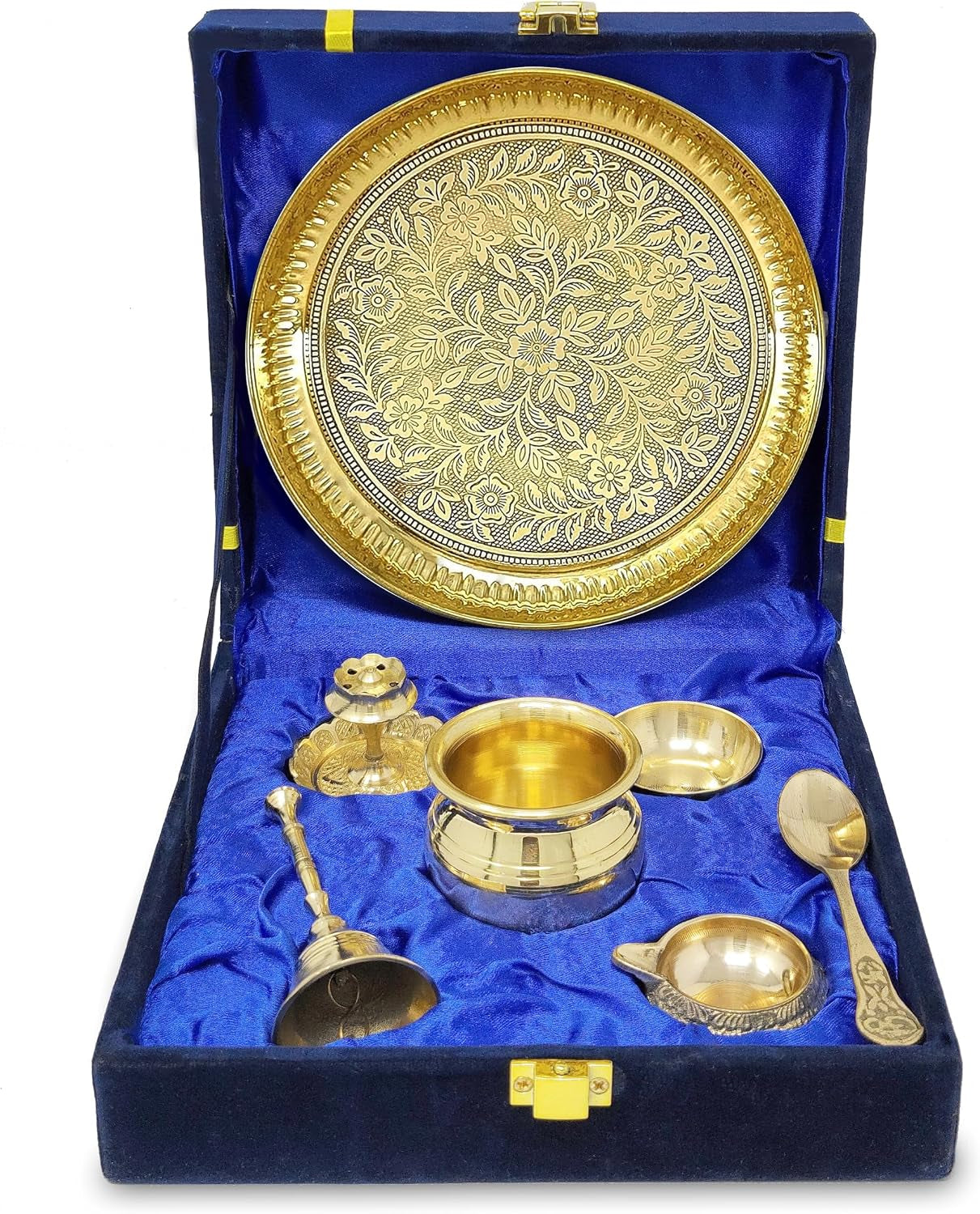 Brass Pooja Thali Set with Grey Gift Box 6 Inch Pital Plate Kalash Spoon Chandan Wati Dhup Dan Kuber Diya Ghanti Puja Arti Thali for Diwali Home Office Mandir Wedding Return Gifts