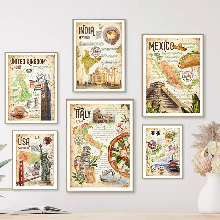 Abstract World Classic Food Travel Map Indian,Mexico,Japanese Food Poster Canvas Painting Wall Art Pictures Home Kitchen Decor