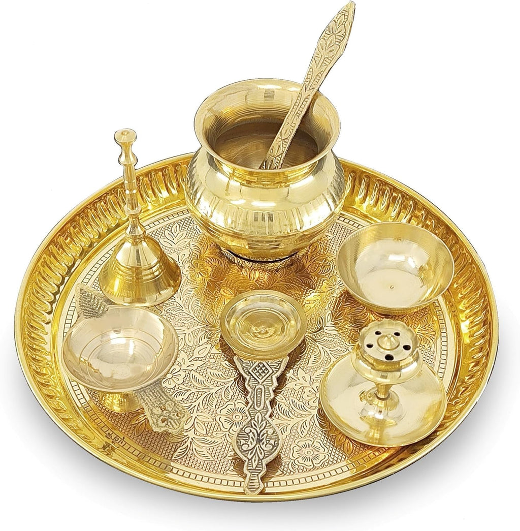 Brass Pooja Thali Set 8 Inch Puja Thali with Pital Plate Kalash Palli Chandan Wati Agarbatti Stand Kappur Arti Diya for Diwali Home Office Mandir Wedding Return Gift Items