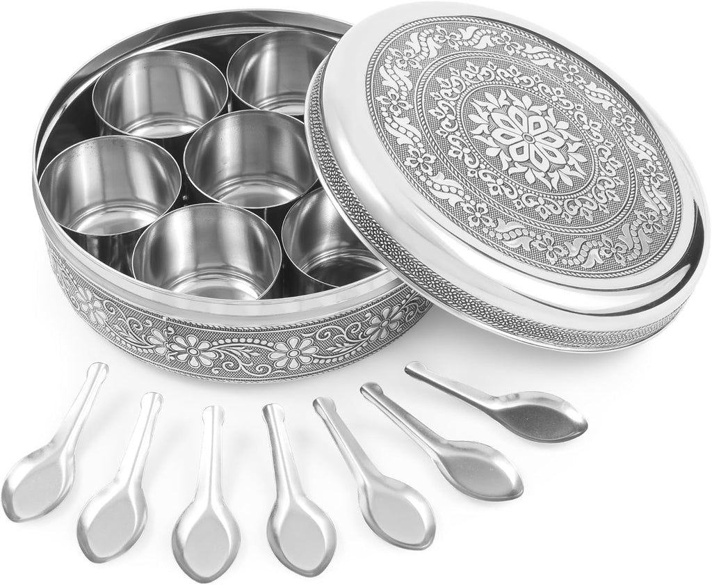 Designer Spice Container Masala Dabba, 7 Spice Jars, Holds 7 Spices, Spice Container Box, Polished Stainless Steel with 7 Serving Spoons, Indian Masala Dabba with Lid, 8 Inch