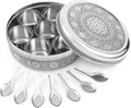 Designer Spice Container Masala Dabba, 7 Spice Jars, Holds 7 Spices, Spice Container Box, Polished Stainless Steel with 7 Serving Spoons, Indian Masala Dabba with Lid, 8 Inch