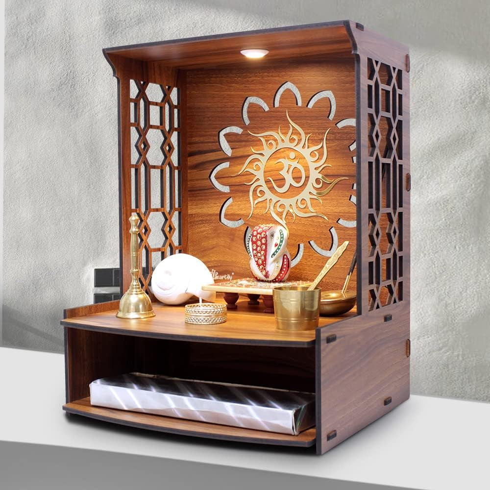 Mangal Beautiful Wooden Pooja Stand for Home Temple and Office Puja Mandir - Wall Mounted with LED Spot Light - Size (H- 15.5, L- 11.5, W-11 Inch)