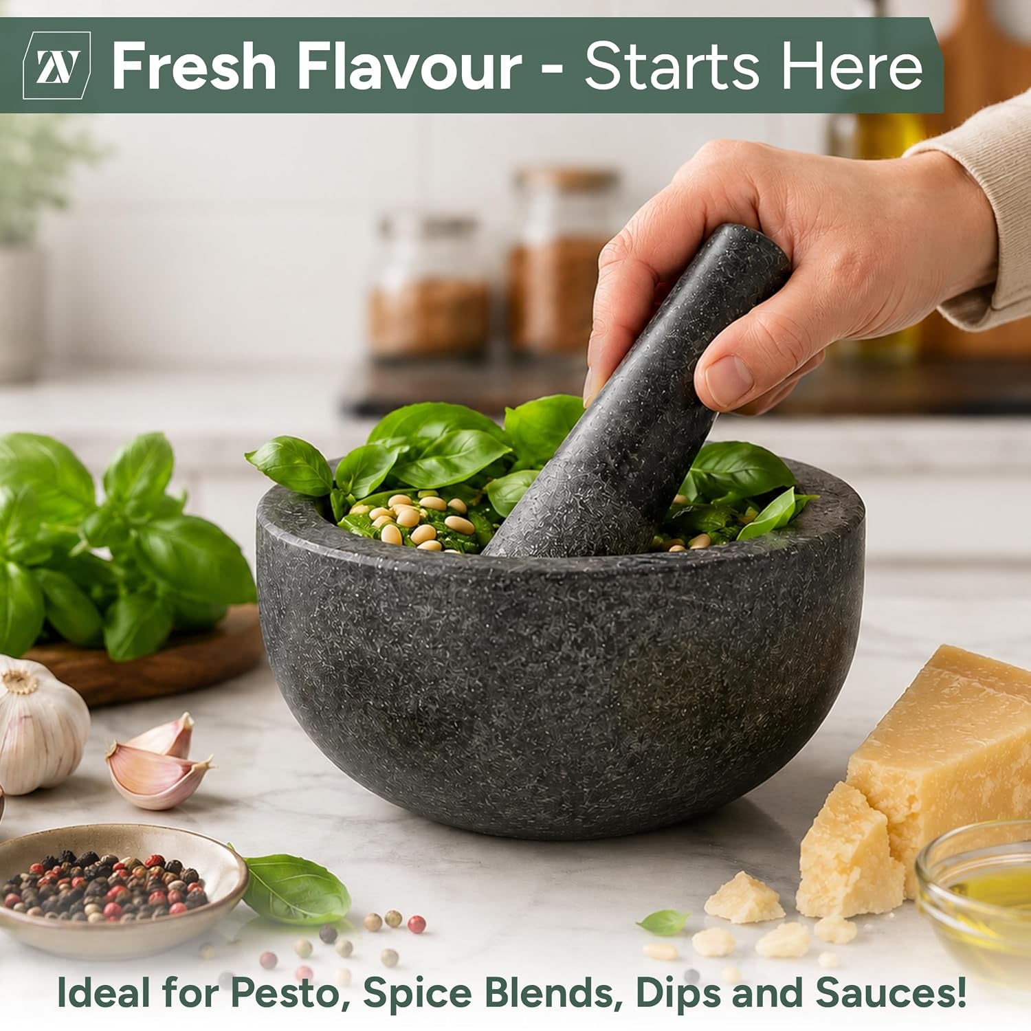 Pestle and Mortar Set – Premium Solid Natural Stone, Essential for Kitchen Essentials & Culinary Creations – Durable and Elegant Design by