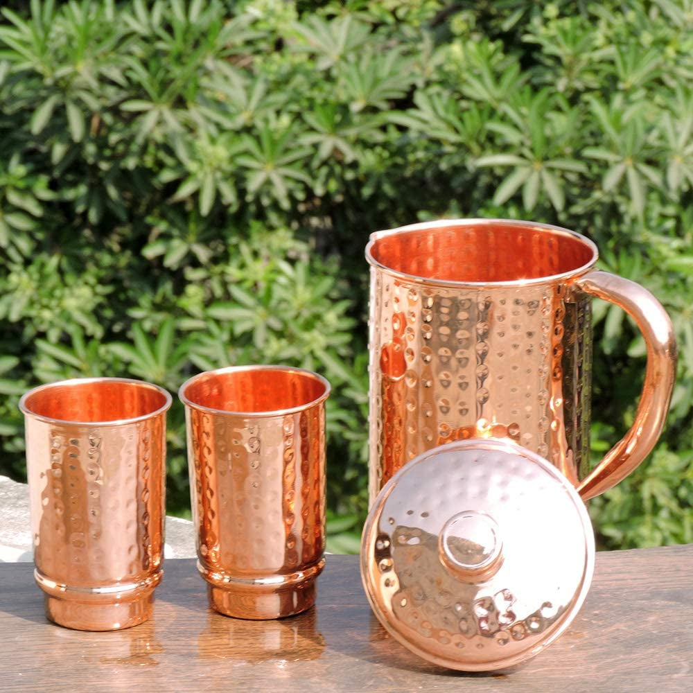Copper Pitcher with 2 Copper Cups Set | Pure Copper Water Jug & Matching Tumblers Set for Home & Wellness, Hammered Finish Handcrafted for Daily Hydration & Natural Living
