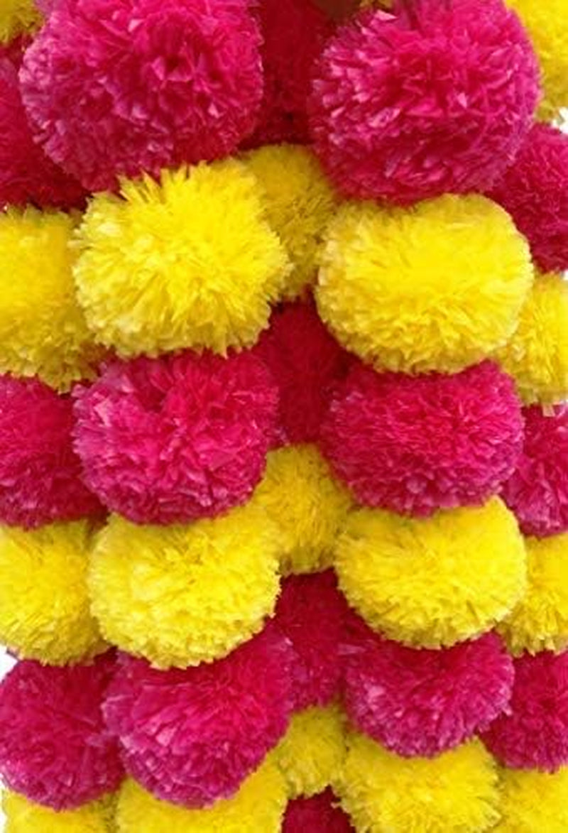 5 Pc Marigold Garland 5 Ft Long Strands of Artificial Marigold Flowers Diwali Decorations Home Indian Décor for Pooja Wedding Spring Bush Floral Faux Garland Día De Muertos Décor (Magenta+Yellow)