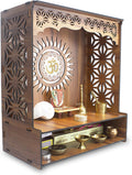 ® Shree Beautiful Wooden Pooja Stand for Home Mandir for Home Temple for Home and Office Puja Mandir for Home and Office Wall with LED Spot Light Product (H- 18, L- 16, W-8.75 Inch)
