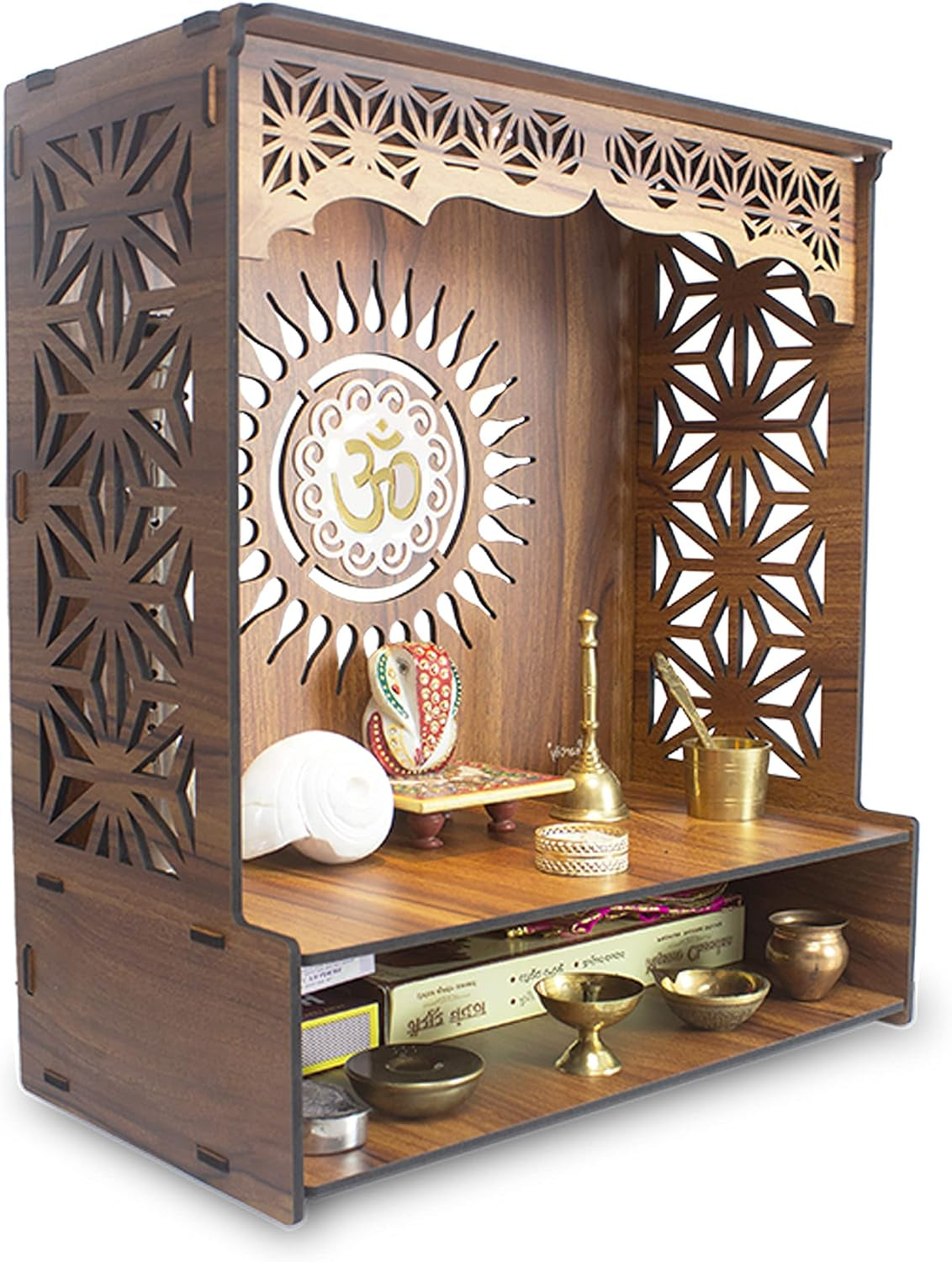 ® Shree Beautiful Wooden Pooja Stand for Home Mandir for Home Temple for Home and Office Puja Mandir for Home and Office Wall with LED Spot Light Product (H- 18, L- 16, W-8.75 Inch)