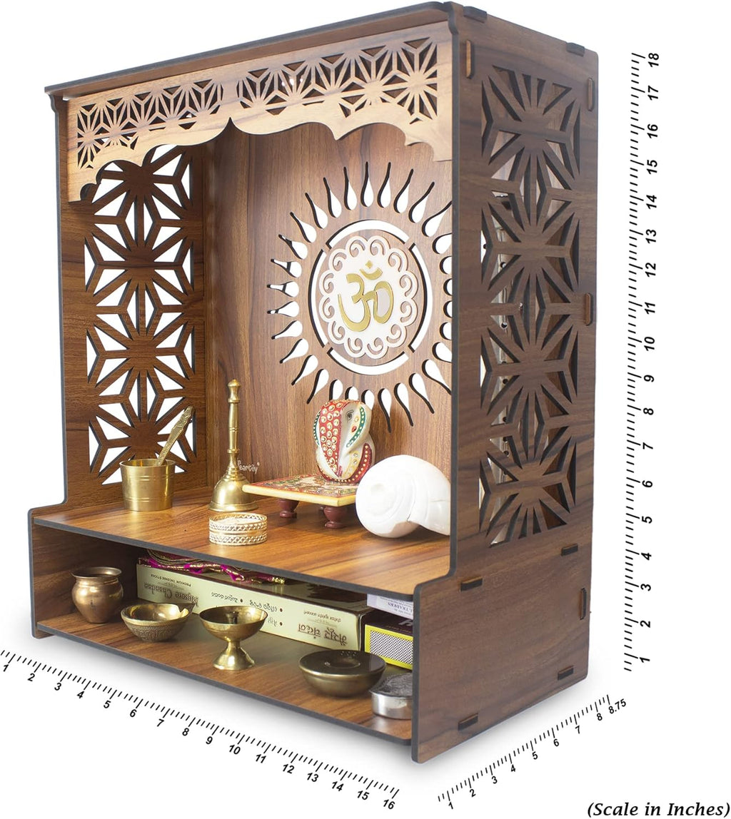 ® Shree Beautiful Wooden Pooja Stand for Home Mandir for Home Temple for Home and Office Puja Mandir for Home and Office Wall with LED Spot Light Product (H- 18, L- 16, W-8.75 Inch)