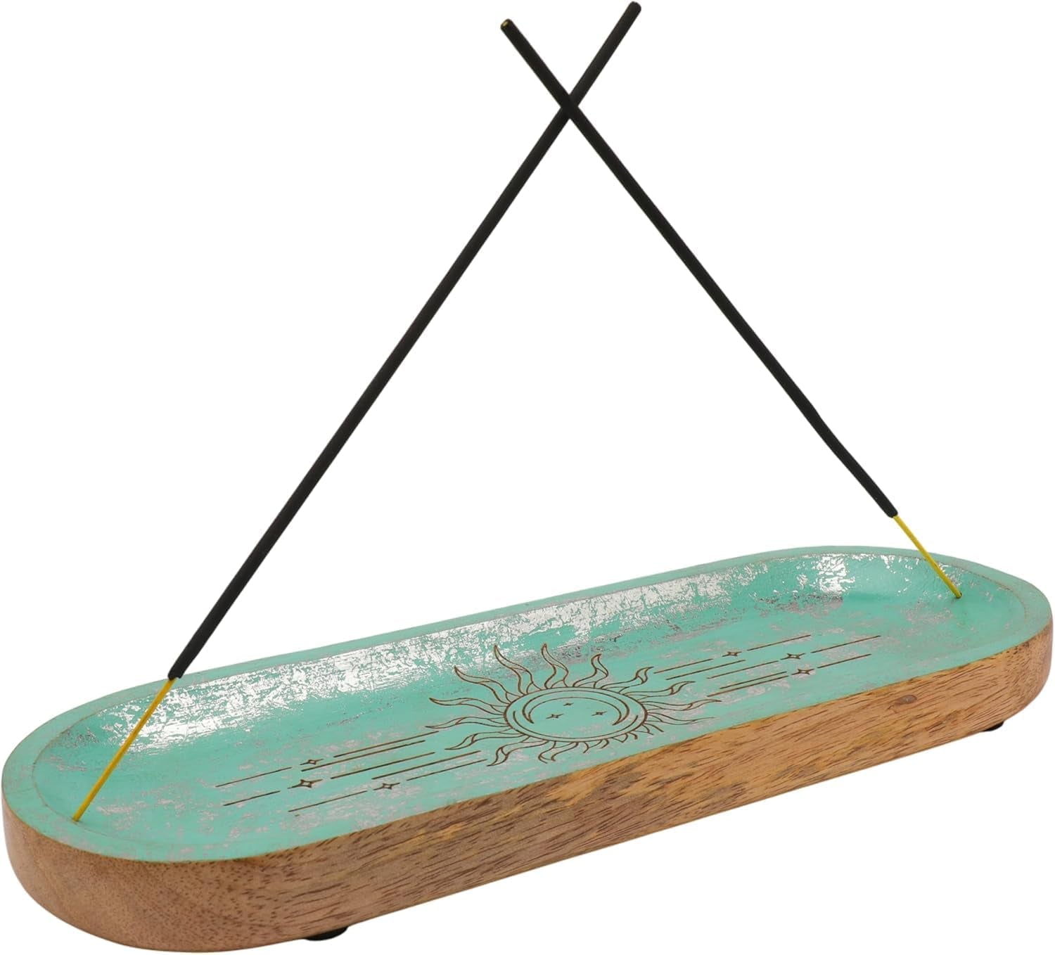 Handcrafted Wooden Incense Holder Inlay with Boat Shape Design Agarbatti Dhoop Stand Spiritual Sun and Moon Design Indian Traditional Festival Home Décor Meditation Pooja Use (Blue)(Size :-11"X4")