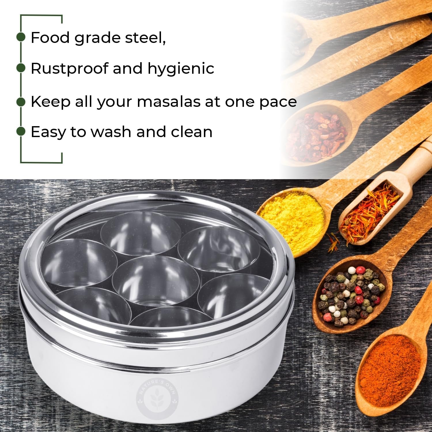 Indian Spice Box - 7 Containers, Stainless Steel Masala Dabba, Large Kitchen Spice Box