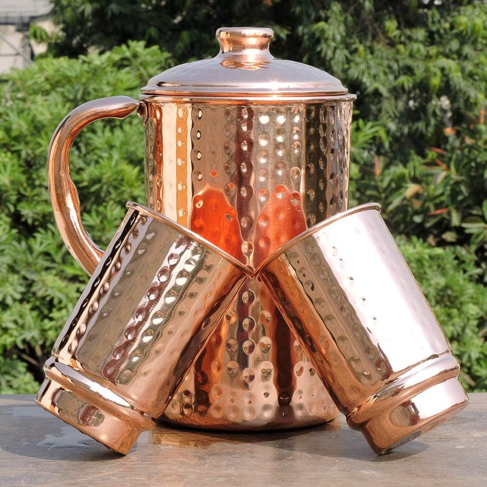Copper Pitcher with 2 Copper Cups Set | Pure Copper Water Jug & Matching Tumblers Set for Home & Wellness, Hammered Finish Handcrafted for Daily Hydration & Natural Living