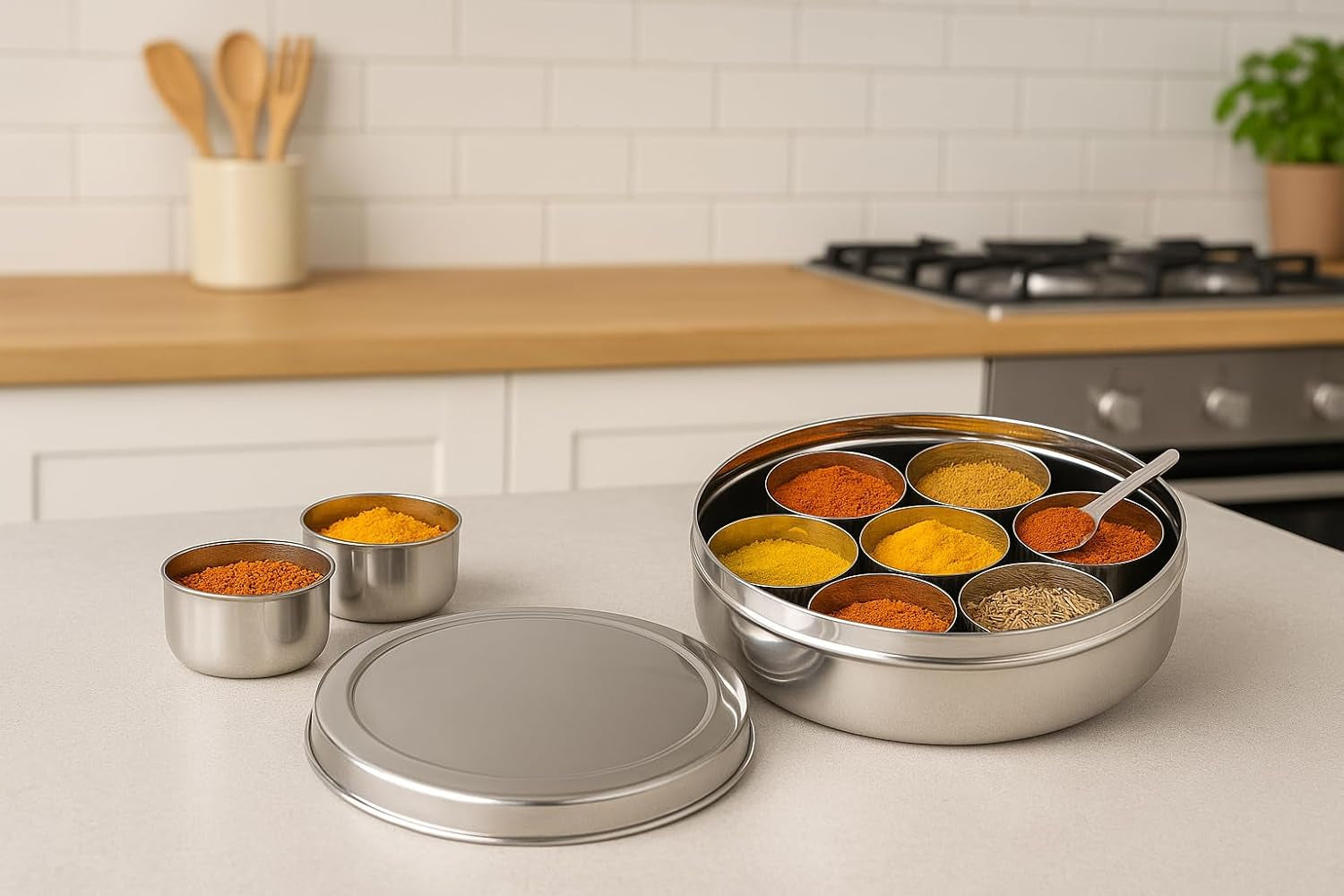 Spice Organizer Stainless Steel Masala Dabba, 7 Compartment Indian Spice Box with Lid, round Kitchen Container