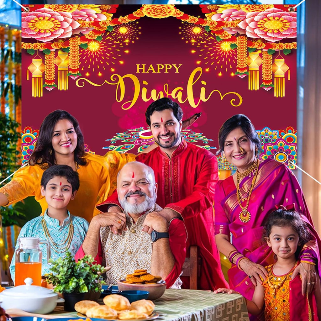 Happy Diwali Backdrop Banner Decorations, 59X35.5 Inch Indian Diwali Backdrop Decorations for Home Wall Hanging,Diwali Photo Booth Props Background Banner Diyas Decor Supplies