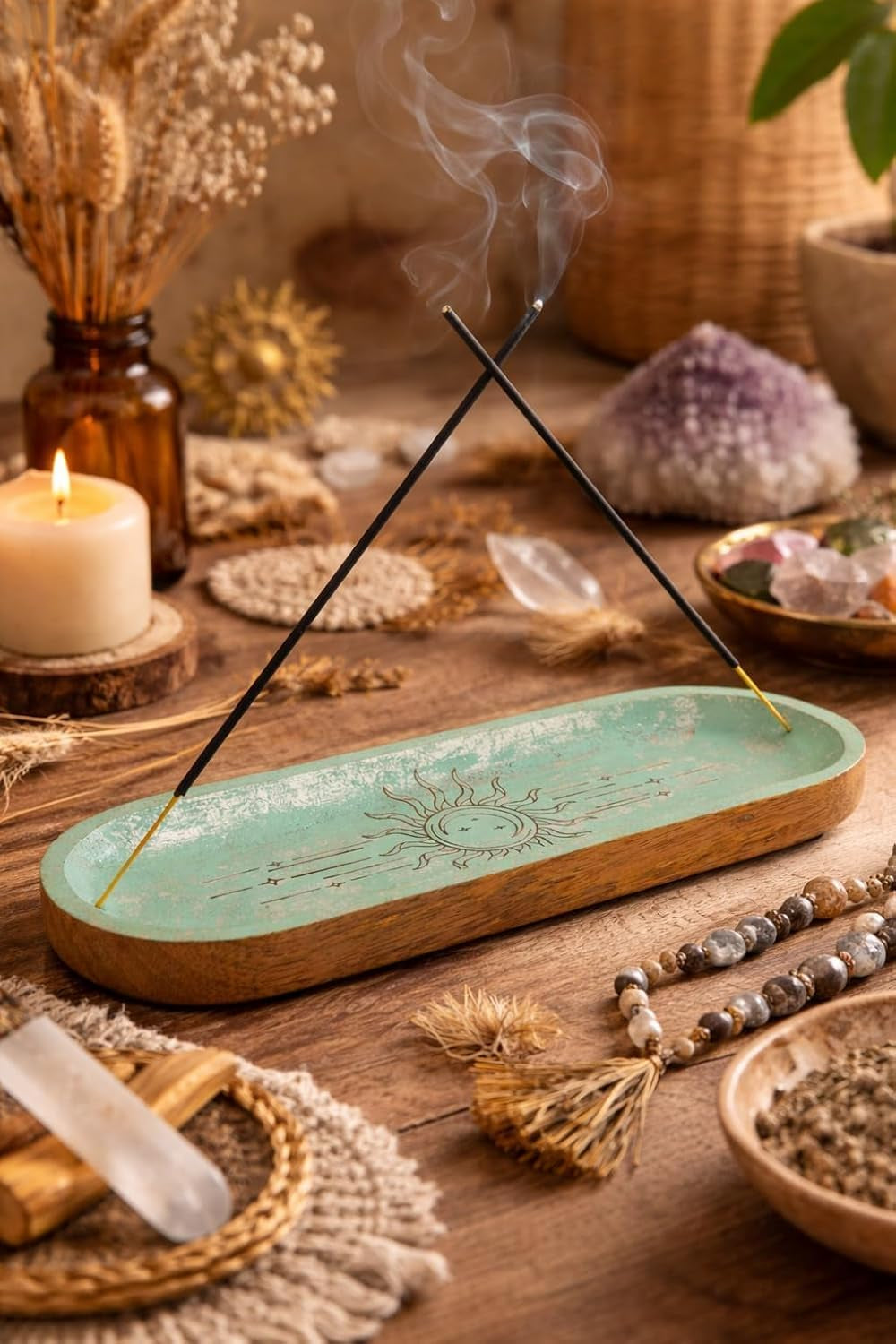 Handcrafted Wooden Incense Holder Inlay with Boat Shape Design Agarbatti Dhoop Stand Spiritual Sun and Moon Design Indian Traditional Festival Home Décor Meditation Pooja Use (Blue)(Size :-11"X4")
