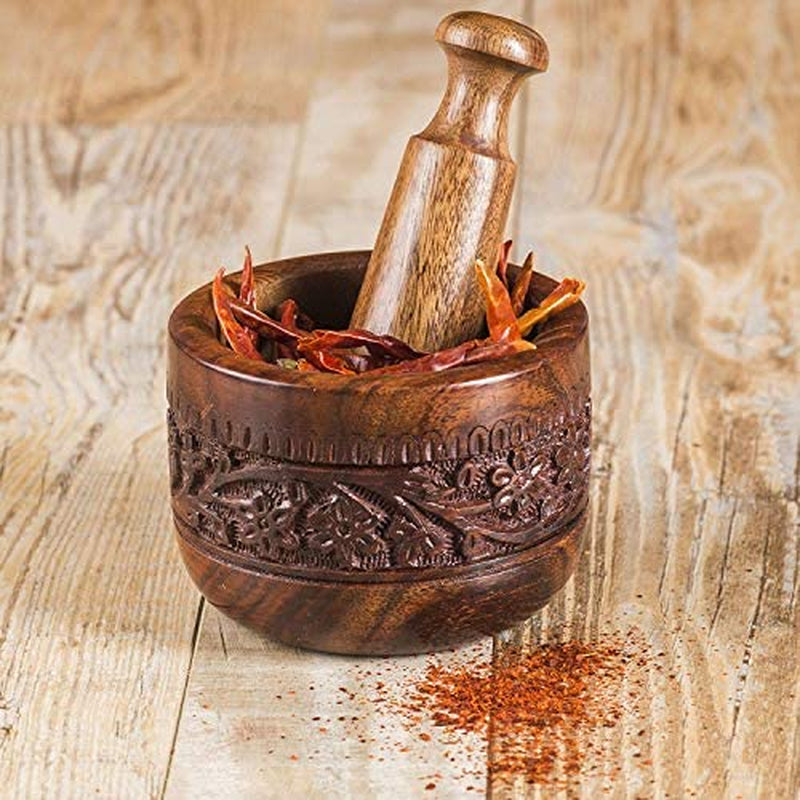 Mother'S Day Gifts Handmade Natural Wooden Mortar & Pestle Mixing Grinder Set for Garlic Press, Coffee Grinder, Ginger Crusher, Spice Grinding & Kitchen 4 Inch Diameter