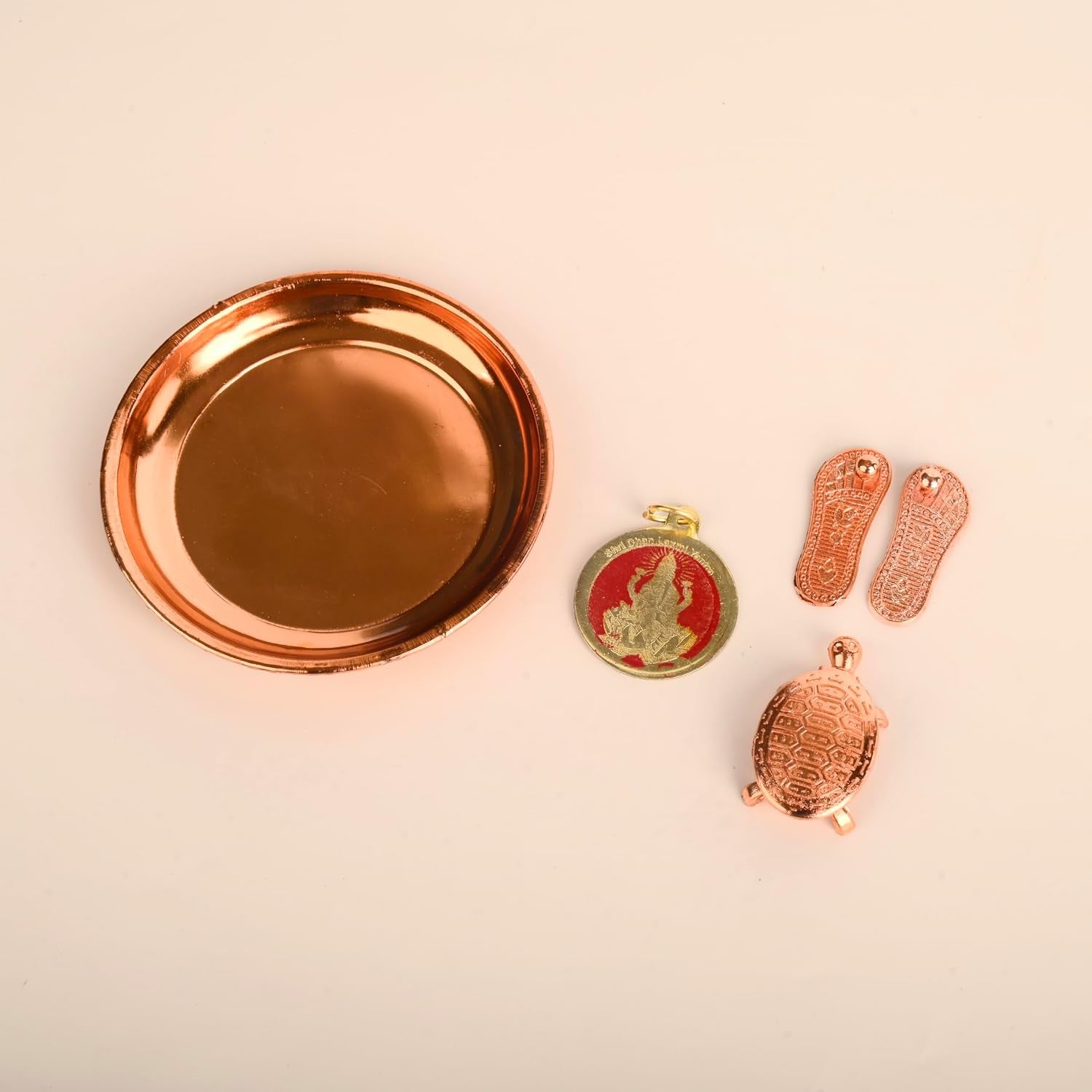 Charan Plate Set with Tortoise Lakshmi Pendant and Lakshmai Charan for Pooja Ghar Home Temple Mandir Traditional Religious Auspicious Puja Items Décor Decoration and Gifting (Lakshmi Charan Combo)