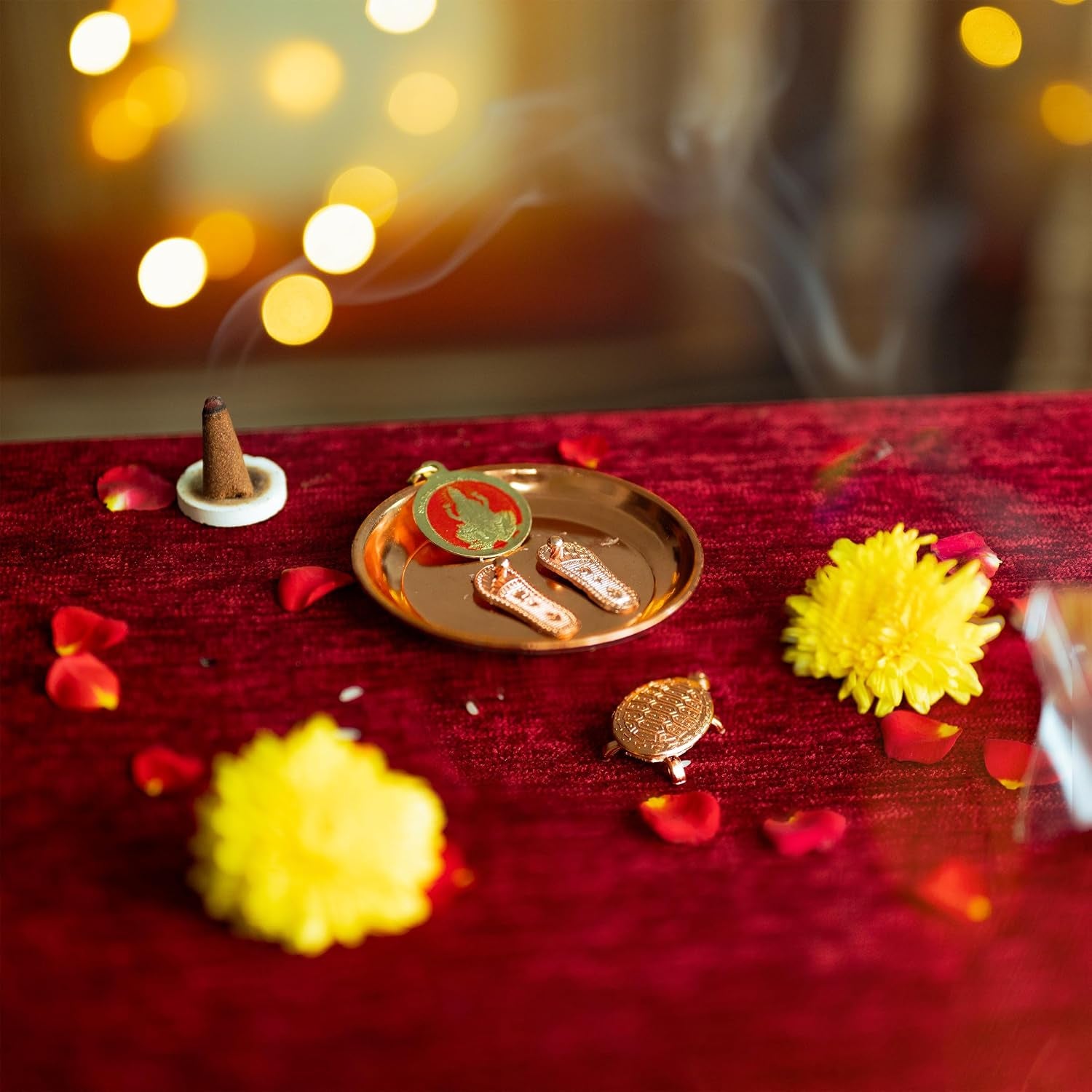 Charan Plate Set with Tortoise Lakshmi Pendant and Lakshmai Charan for Pooja Ghar Home Temple Mandir Traditional Religious Auspicious Puja Items Décor Decoration and Gifting (Lakshmi Charan Combo)