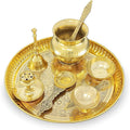 Brass Pooja Thali Set 8 Inch Puja Thali with Pital Plate Kalash Palli Chandan Wati Agarbatti Stand Kappur Arti Diya for Diwali Home Office Mandir Wedding Return Gift Items