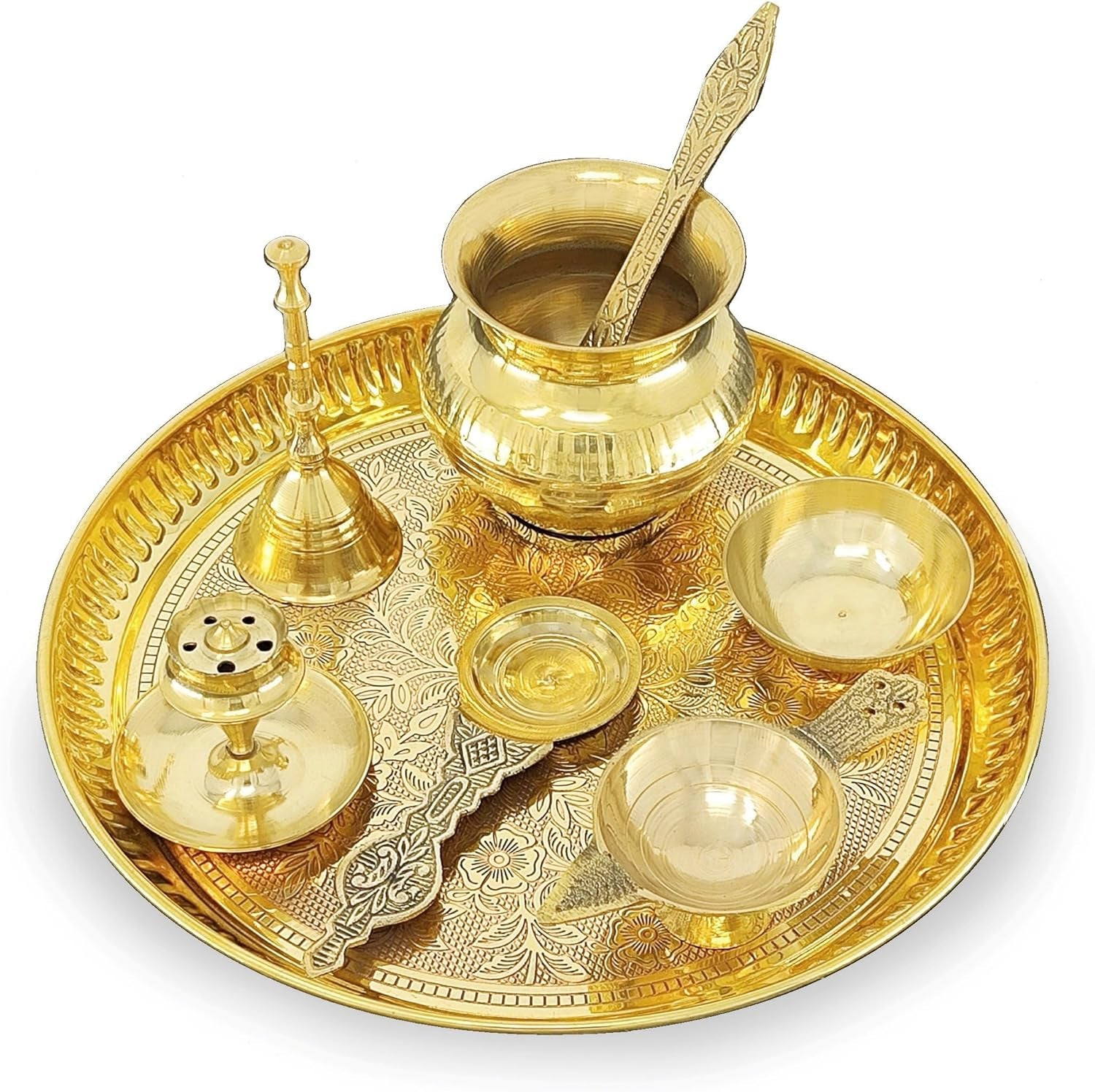 Brass Pooja Thali Set 8 Inch Puja Thali with Pital Plate Kalash Palli Chandan Wati Agarbatti Stand Kappur Arti Diya for Diwali Home Office Mandir Wedding Return Gift Items