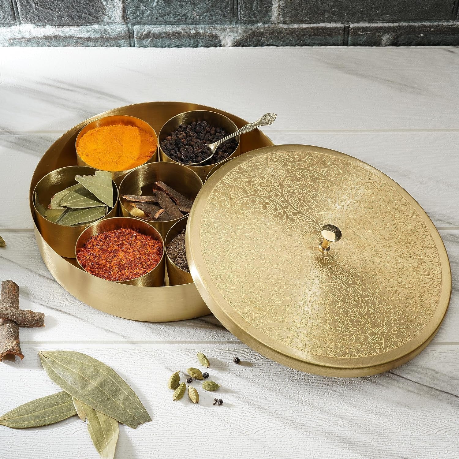 Brass Spice Box round Masala Dabba Set with Golden Embossed Lid, 7 Removable Compartments, Spice Jar Containers & Spoon, Handcrafted Decorative Indian Kitchen Storage Organizer Gift