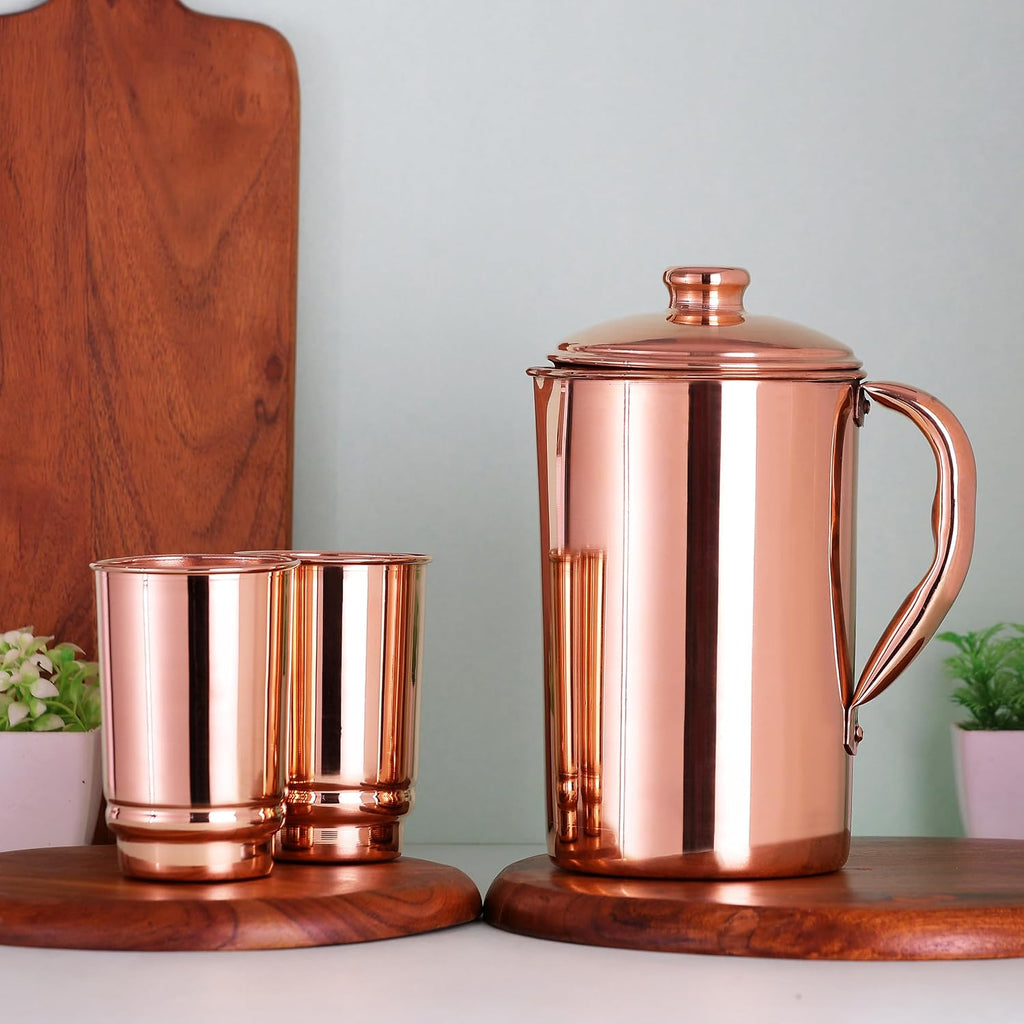 Copper Pitcher 50.72 Oz with 2 Tumblers Set | Pure Copper Water Jug & Tumblers Set for Home & Wellness, Plain Finish Handcrafted for Daily Hydration & Natural Living