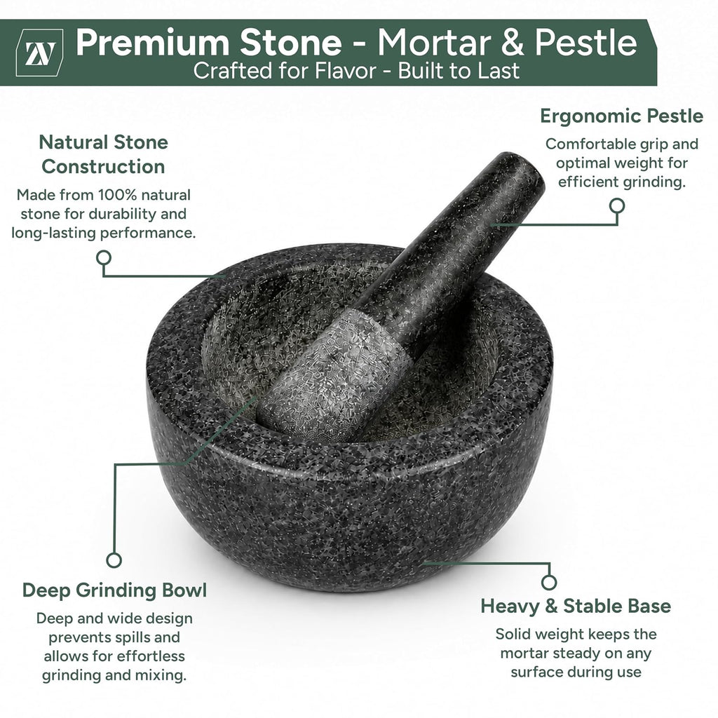 Pestle and Mortar Set – Premium Solid Natural Stone, Essential for Kitchen Essentials & Culinary Creations – Durable and Elegant Design by