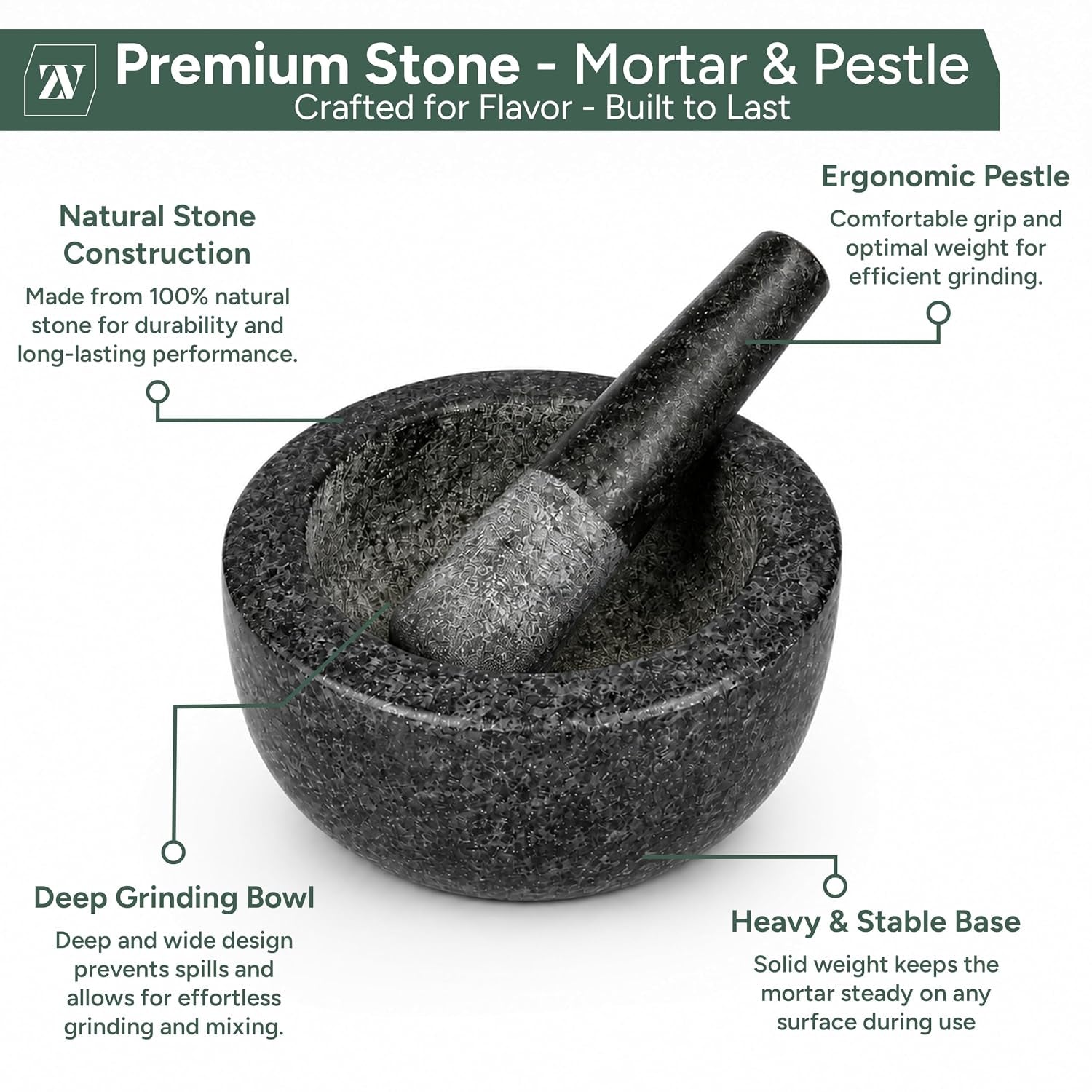 Pestle and Mortar Set – Premium Solid Natural Stone, Essential for Kitchen Essentials & Culinary Creations – Durable and Elegant Design by