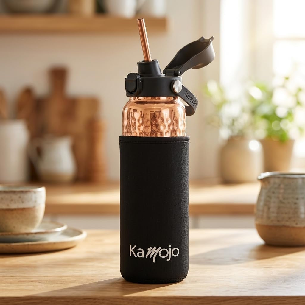 Pure Copper Water Bottle for Drinking Water – 100% Hammered Tumbler with Flip-Top Push Button Lid, Copper Straw & Insulating Sleeve – Handcrafted Ayurvedic Cup 32 Oz