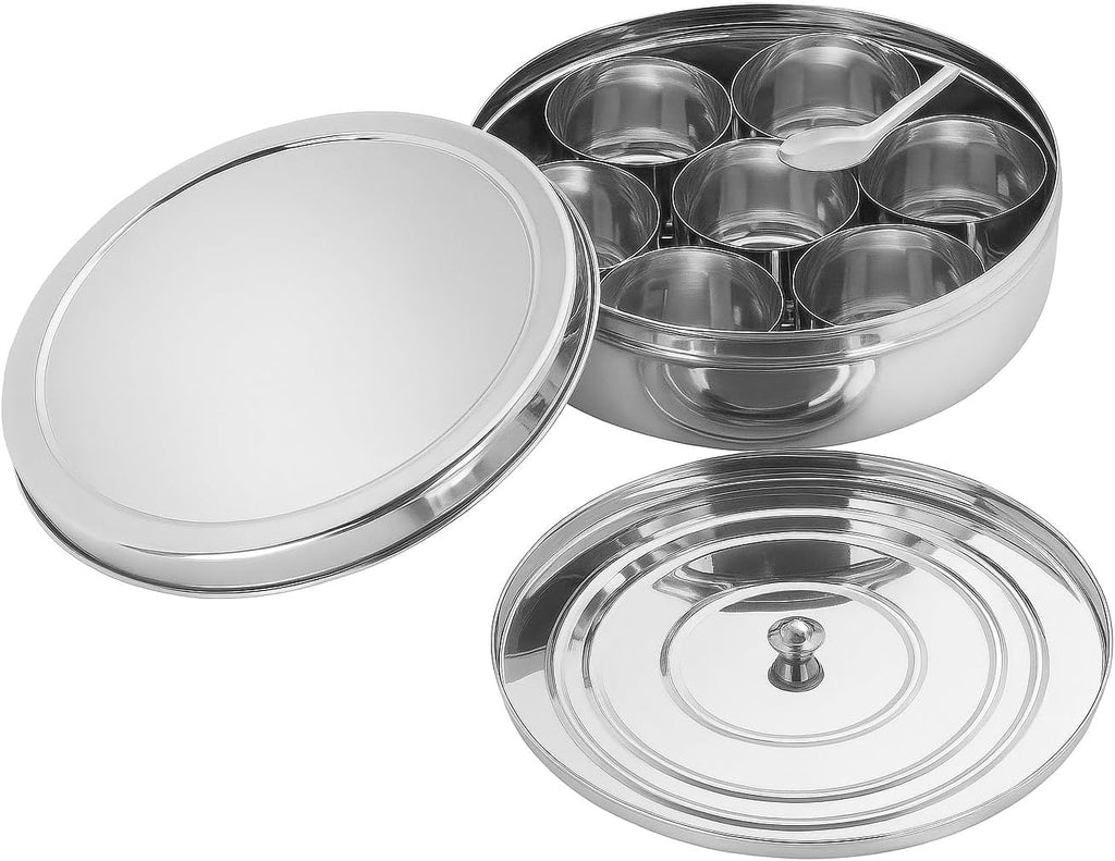Spice Organizer Stainless Steel Masala Dabba, 7 Compartment Indian Spice Box with Lid, round Kitchen Container
