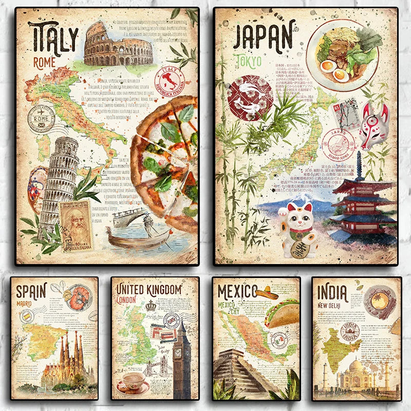 Abstract World Classic Food Travel Map Indian,Mexico,Japanese Food Poster Canvas Painting Wall Art Pictures Home Kitchen Decor