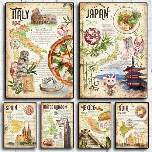 Abstract World Classic Food Travel Map Indian,Mexico,Japanese Food Poster Canvas Painting Wall Art Pictures Home Kitchen Decor