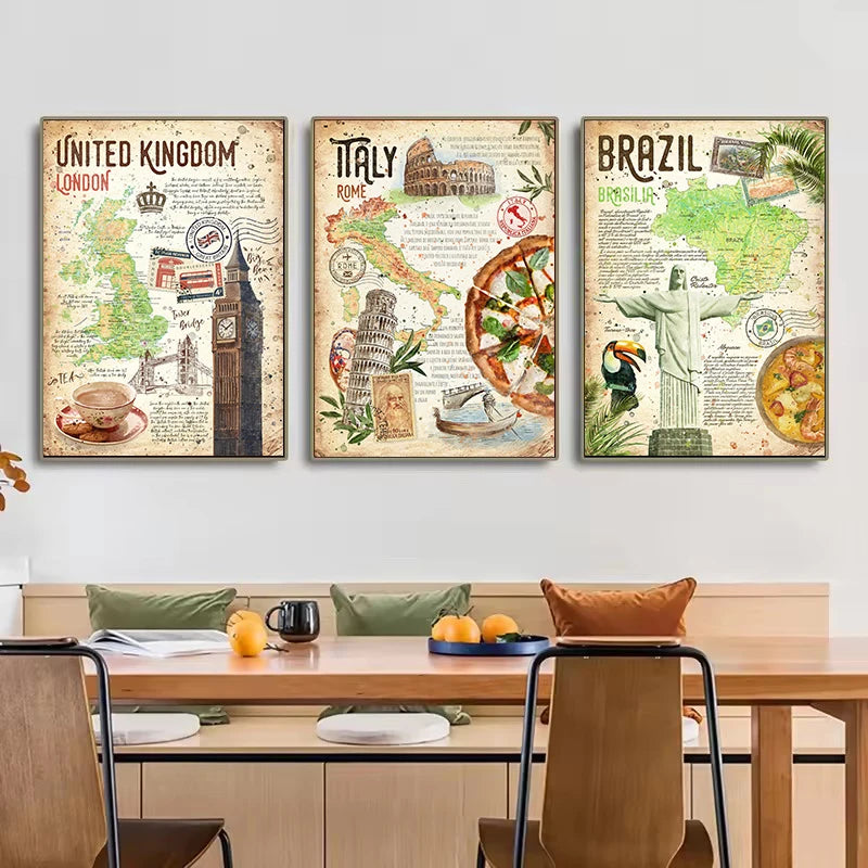 Abstract World Classic Food Travel Map Indian,Mexico,Japanese Food Poster Canvas Painting Wall Art Pictures Home Kitchen Decor