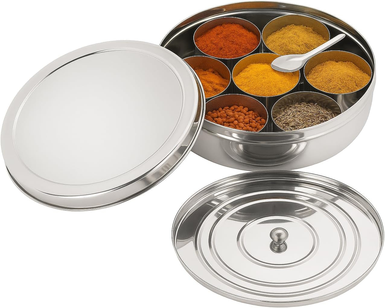 Spice Organizer Stainless Steel Masala Dabba, 7 Compartment Indian Spice Box with Lid, round Kitchen Container