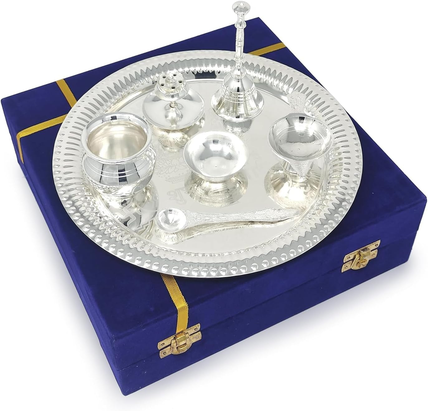 Pooja Thali Set Silver Plated with Blue Gift Box Designed Puja Plate 22 CM Bowl Ghanti Kalash Spoon Dhup Dan Diya for Home Office Diwali Wedding Return Gift Items