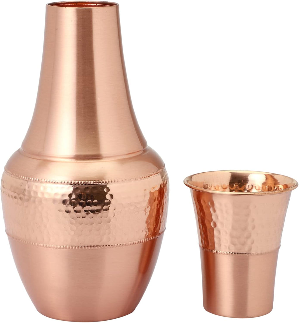Pure Copper Bedside Water Carafe with Tumbler, for Ayurveda Health Benefits - Capacity - 1.4 Lt. (47.3 US Fluid Ounce)