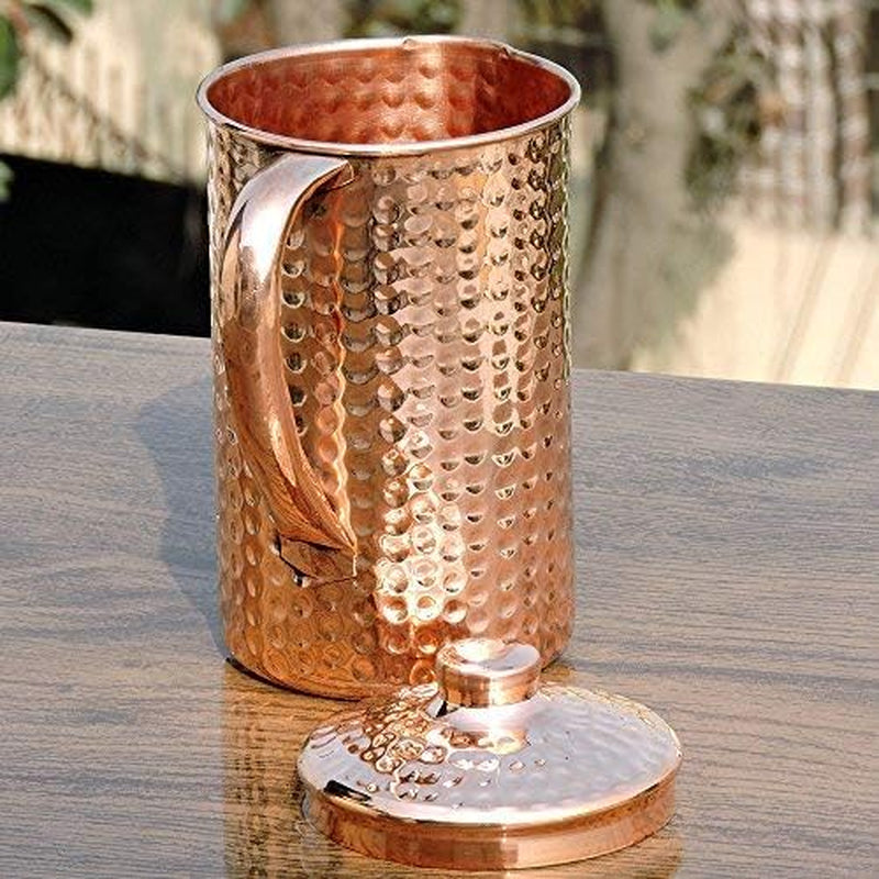 Copper Pitcher with Lid 100% Pure Copper Hammered Water Pitcher 50.7 Oz (1.5 Liter) for Drinking Water, Traditional Copper Pitcher for Home & Kitchen