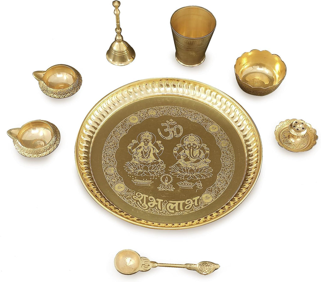 Brass Pooja Thali Set 8 Inch with Pital Plate Glass Nag Archmini Spoon Ghanti Kuber Diya Dhup Dan Bowl Puja Thali for Diwali Home Mandir Office Wedding Return Gift Items